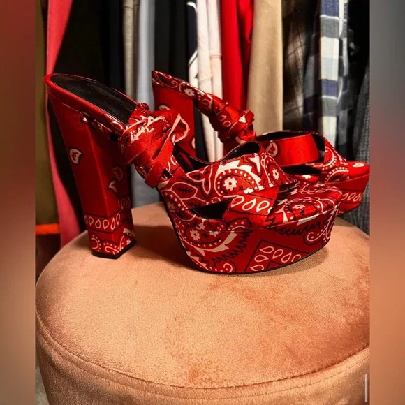 Red bandanna platform heels